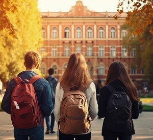 Bild von 3 Studierenden die auf eine Hochschule zulaufen